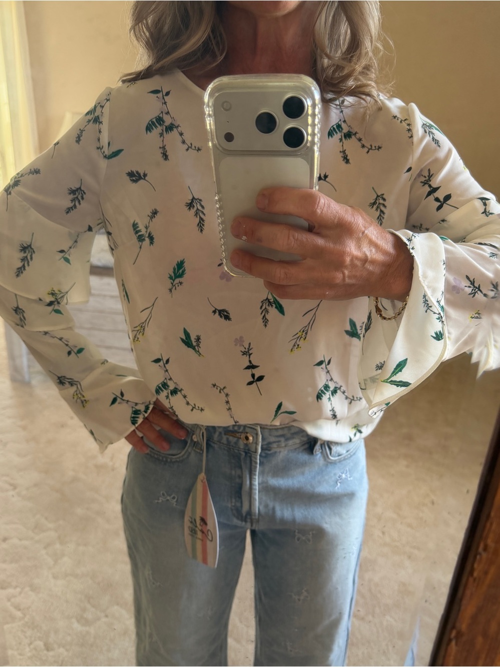 Banana Republic White Blouse with Green Floral Print- Small